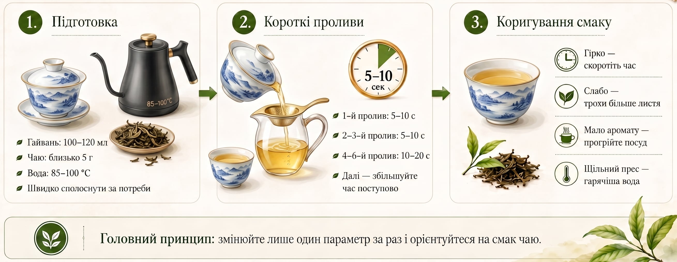 Схема заварювання Шен Пуеру Як заварювати Шен Пуер — температура, пропорції та час проливів