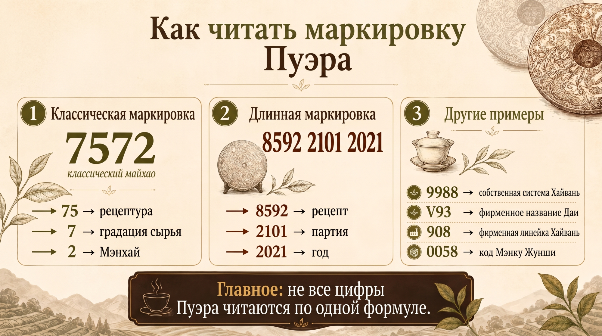 Как читать маркировку Пуэра: рецепты 7572, 8592, партия, год и коды фабрик